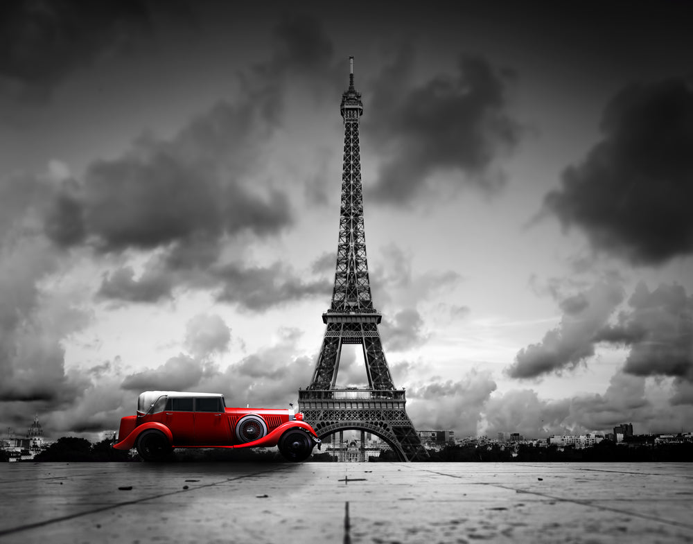 Red Car & B&W Eiffel Tower Photograph Print 100% Australian Made