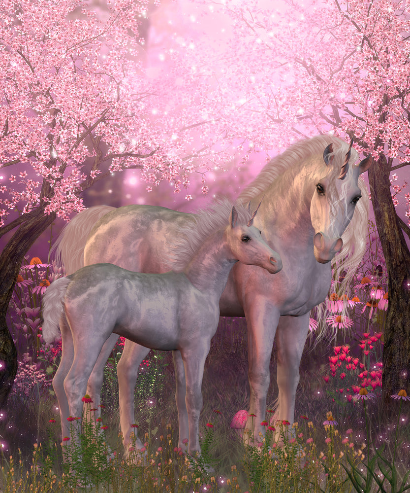 White Unicorn Horses Flower Trees Background Painting Print 100% Australian Made