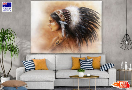 Native Indian Girl with Feather Headdress Oil Painting Print 100% Australian Made