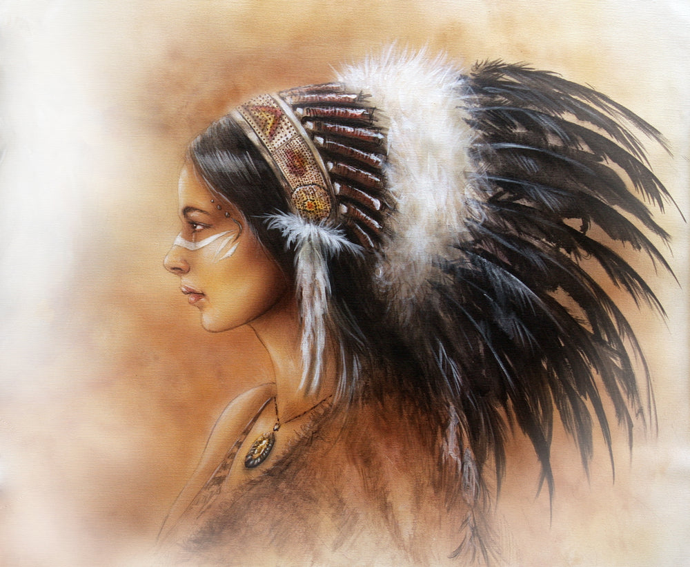 Native Indian Girl with Feather Headdress Oil Painting Print 100% Australian Made