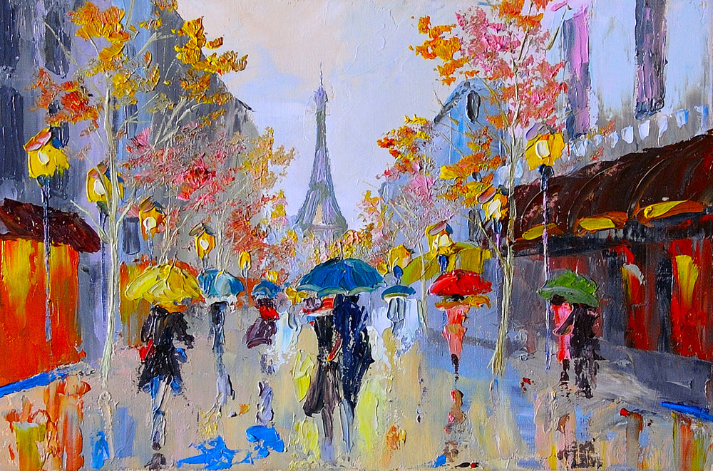 Eiffel Tower Street People Walking with Umbrellas Painting Print 100% Australian Made