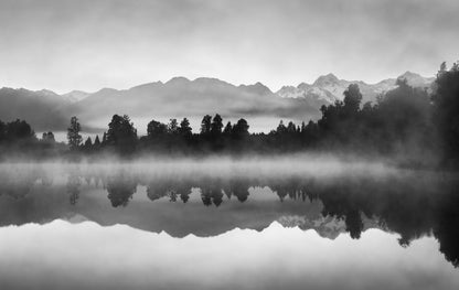 Misty Forest & Mountain View With Lake B&W Photograph Print 100% Australian Made