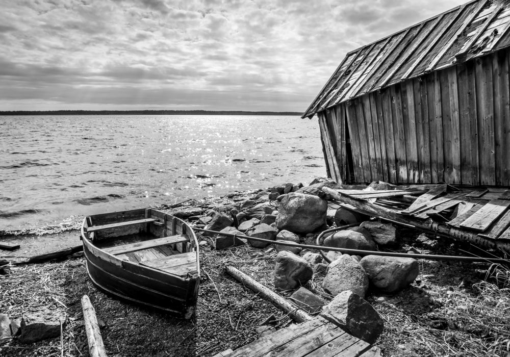 Boat & Small House near Beach B&W Photograph Print 100% Australian Made