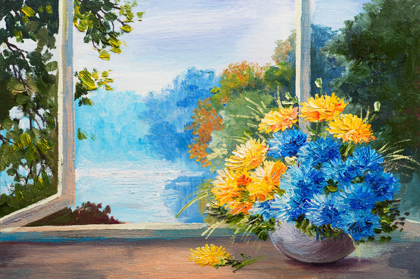 Multicolour Flower Vase near a Window Painting Print 100% Australian Made