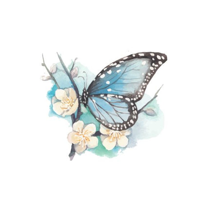 Square Canvas Blue Butterflies & White Flowers Watercolor Painting High Quality Print 100% Australian Made