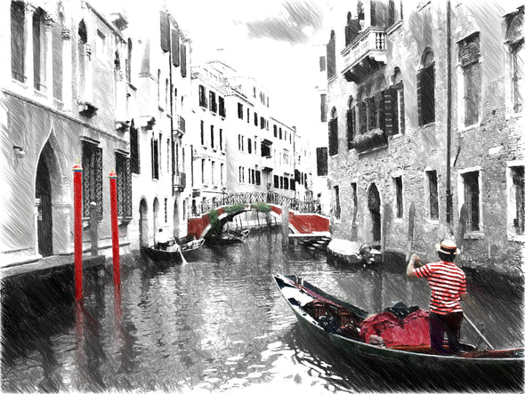 Venice Canal Boat Black White & Red Painting Print 100% Australian Made