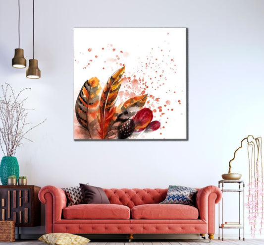 Square Canvas Colorful Feathers Watercolor Painting High Quality Print 100% Australian Made