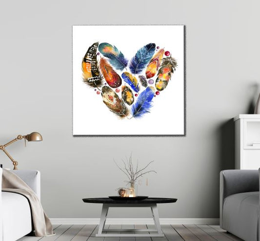 Square Canvas Heart Shaped Feathers Watercolor Painting High Quality Print 100% Australian Made