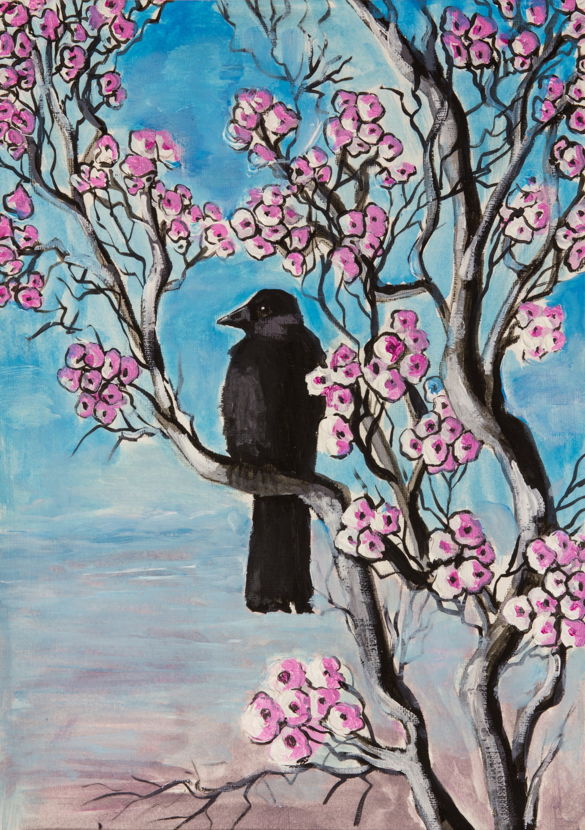 Bird on a Flower Tree Watercolor Painting Print 100% Australian Made