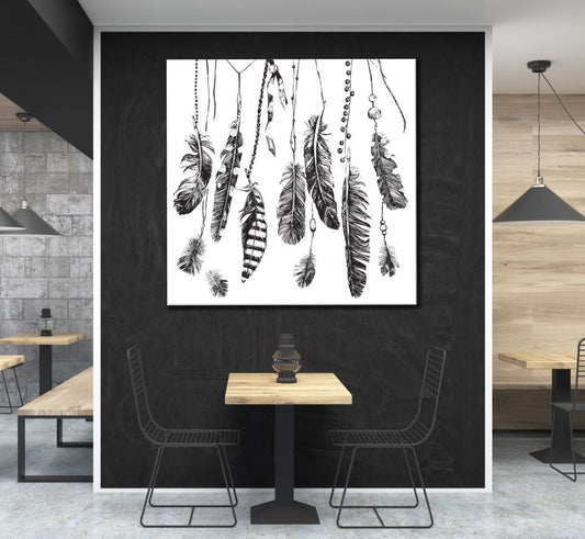Square Canvas B&W Feather Design High Quality Print 100% Australian Made