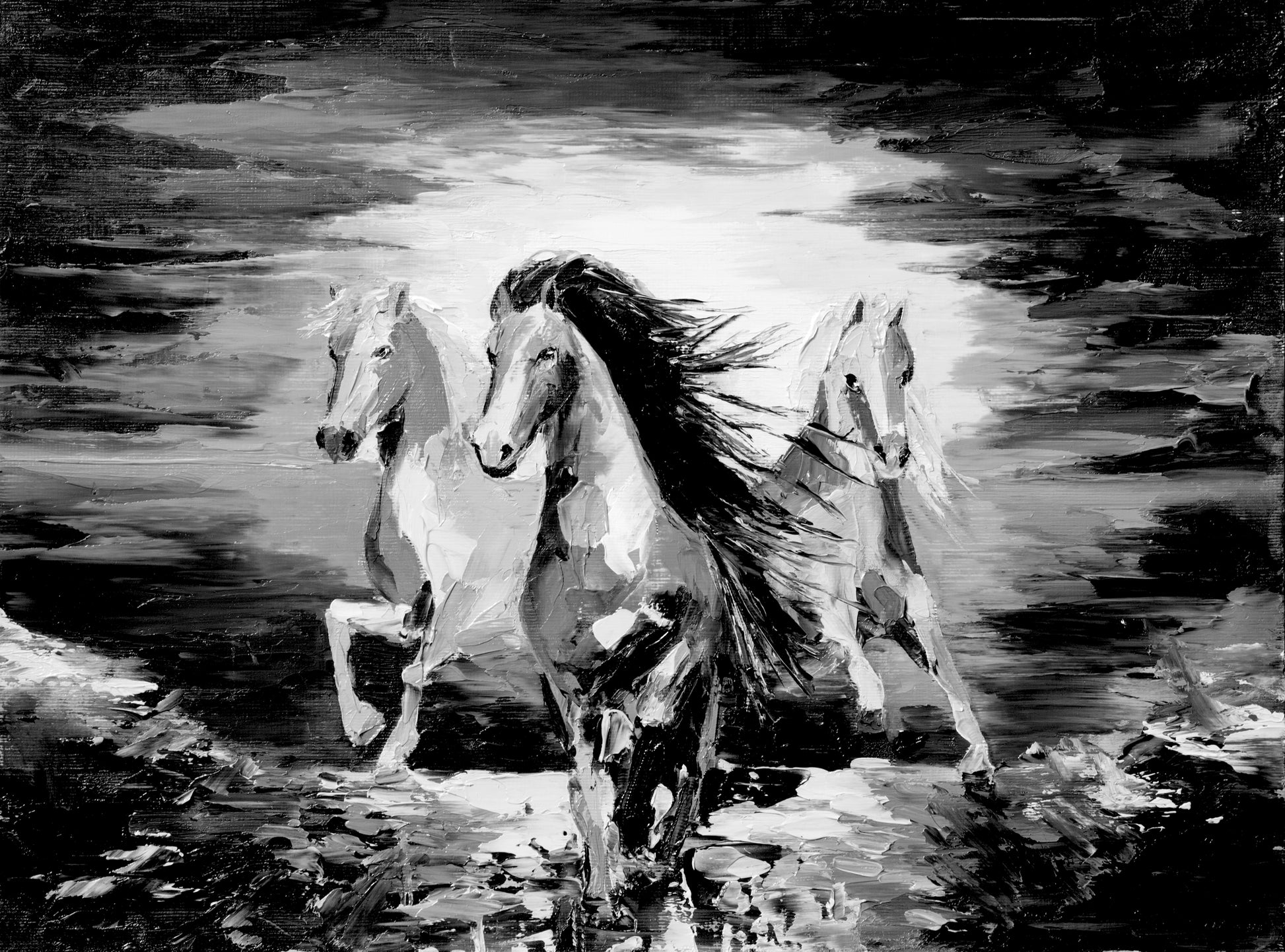 Horses Running B&W Watercolour Painting Print 100% Australian Made