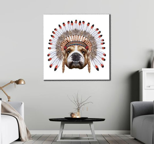 Square Canvas Dog Portrait with Feather Headdress Watercolor Painting High Quality Print 100% Australian Made