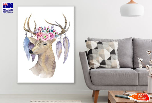 Deer with a Floral Headdress & Feathers Watercolor Painting Print 100% Australian Made
