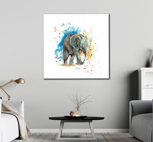 Square Canvas Elephant & Abstract Background Watercolor Painting High Quality Print 100% Australian Made