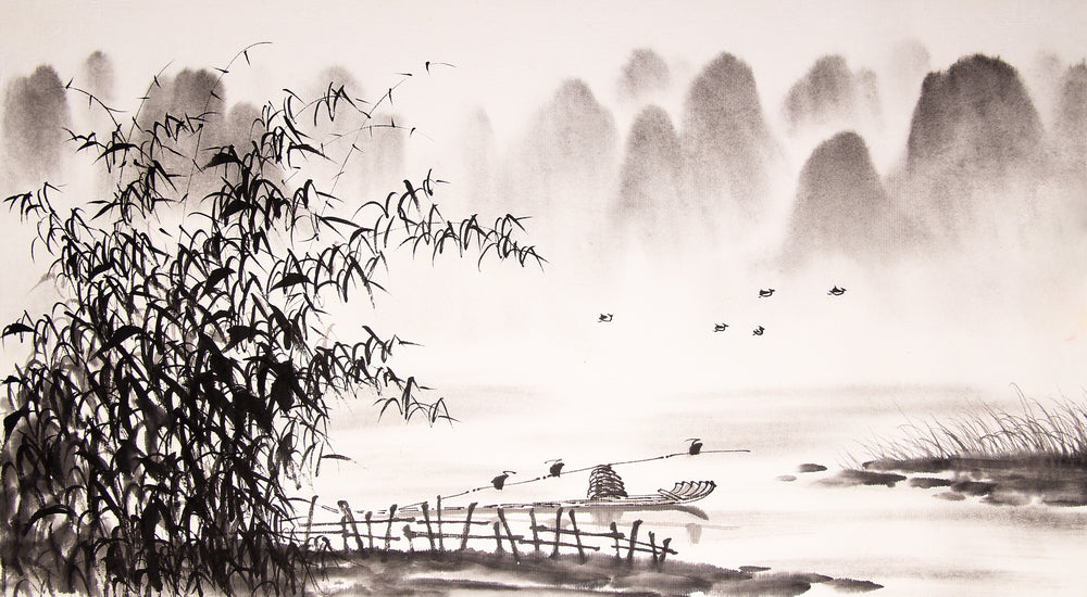 Landscape Drawing with Bamboo Trees and River Painting Print 100% Australian Made