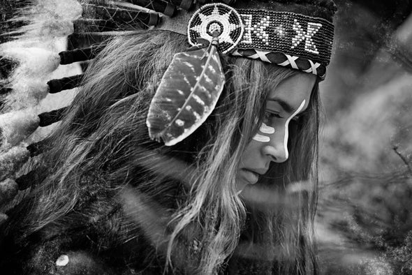 Young Indian Warrior Girl With Feather Headdress Portrait Photograph Print 100% Australian Made