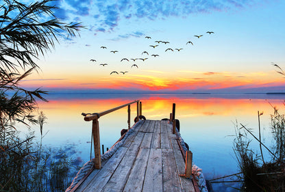 Wooden Pier Over Lake Sunset View Print 100% Australian Made