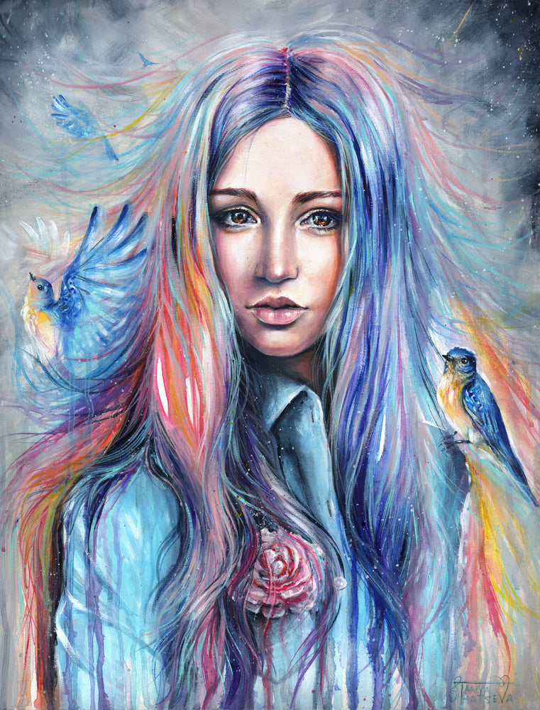 Birds and Blue Hair Girl Portrait Painting Print 100% Australian Made