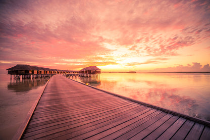 Resort on Wooden Pier Over Beautiful Sea Sunset Photograph Print 100% Australian Made