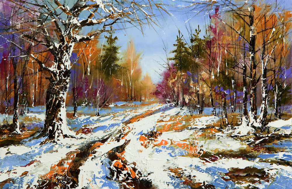 Snowy Road in Forest Painting Print 100% Australian Made