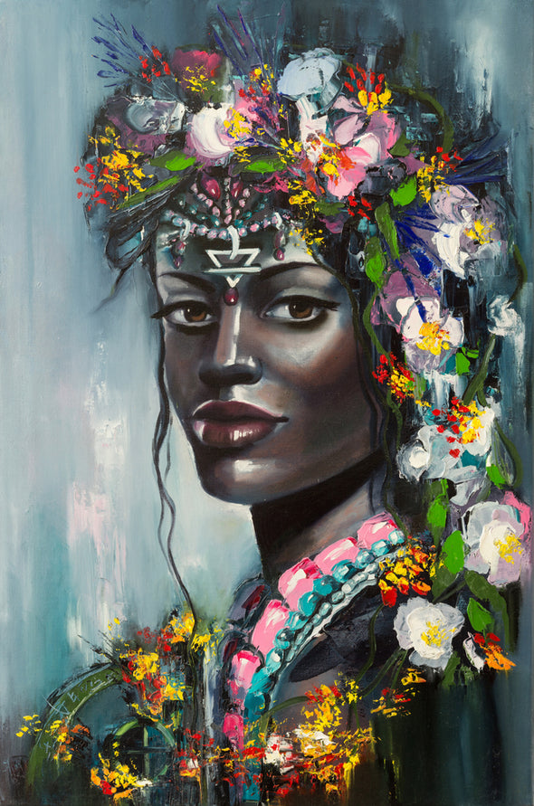 Black Women Floral Headdress Painting Print 100% Australian Made