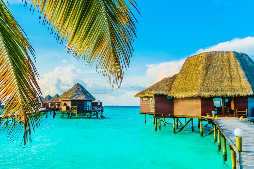 Stunning View of Beach & Resort Huts on Wooden Pier Photograph Print 100% Australian Made