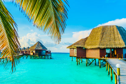 Stunning View of Beach & Resort Huts on Wooden Pier Photograph Print 100% Australian Made