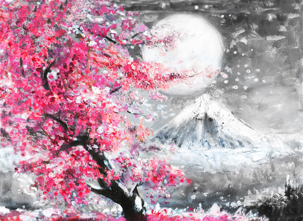 Snow Cherry Blossom Mountain View Painting Print 100% Australian Made