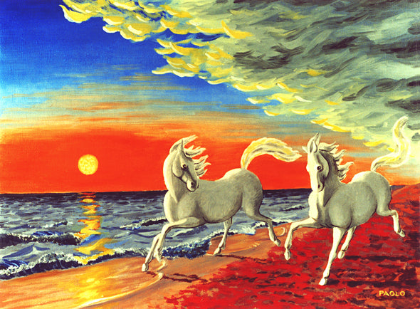 Horse Couple Running On Sea Shore Sunset Beach Painting Print 100% Australian Made