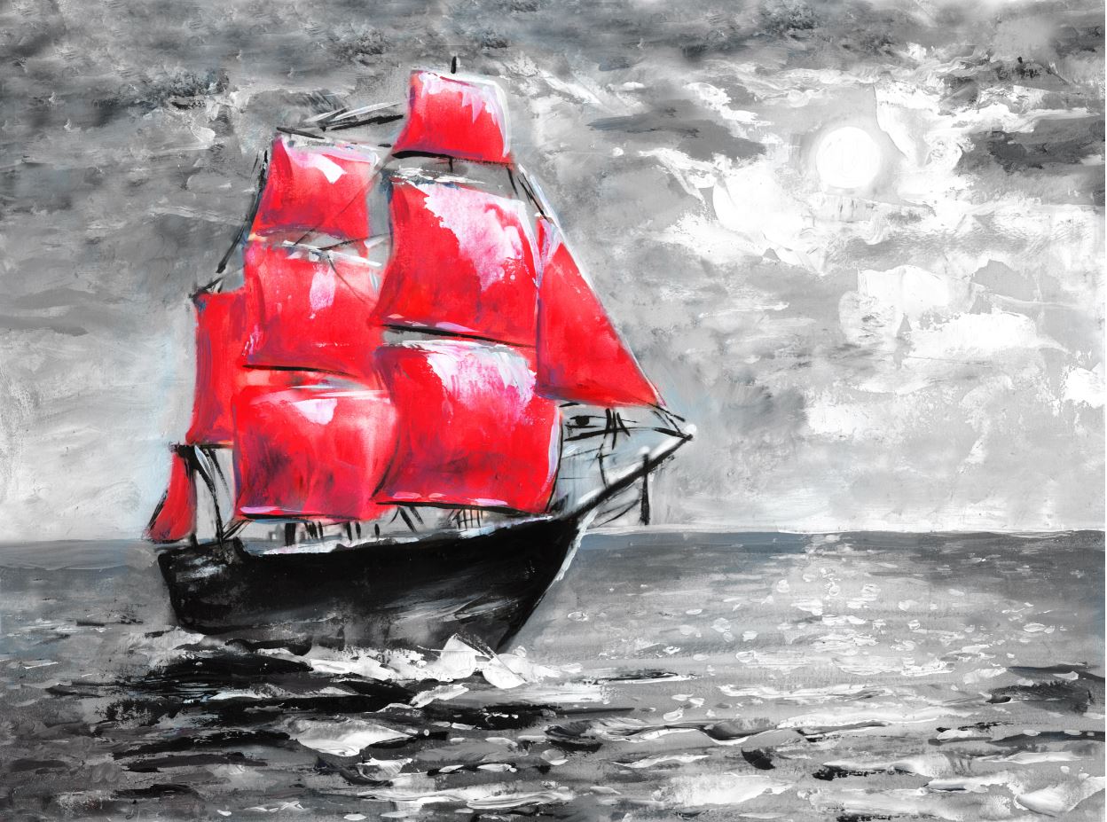 Ship on Ocean Black White Red Painting Print 100% Australian Made