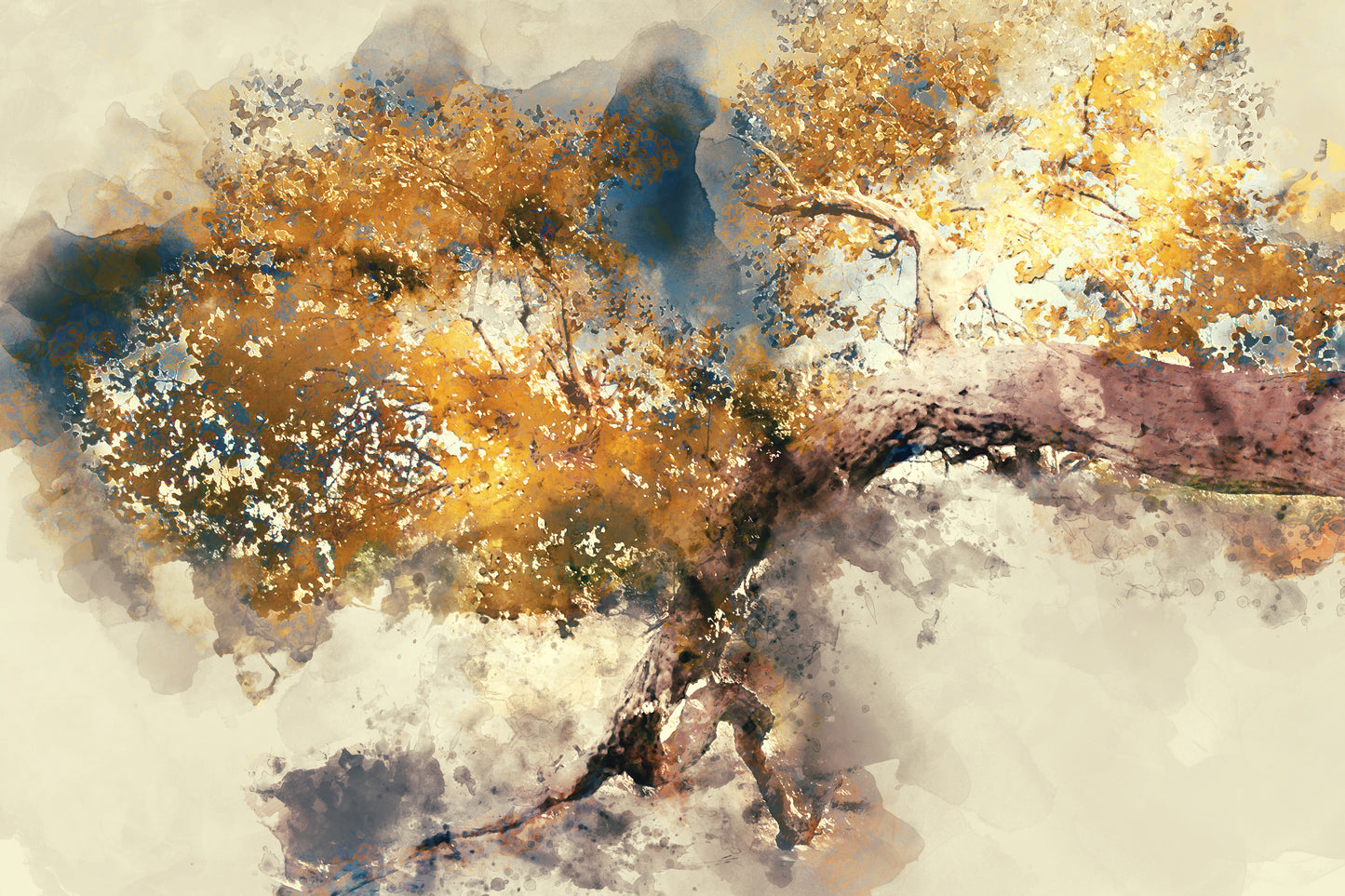 Abstract Trees in Autumn with Yellow Leaves Digital Watercolor Painting Print 100% Australian Made