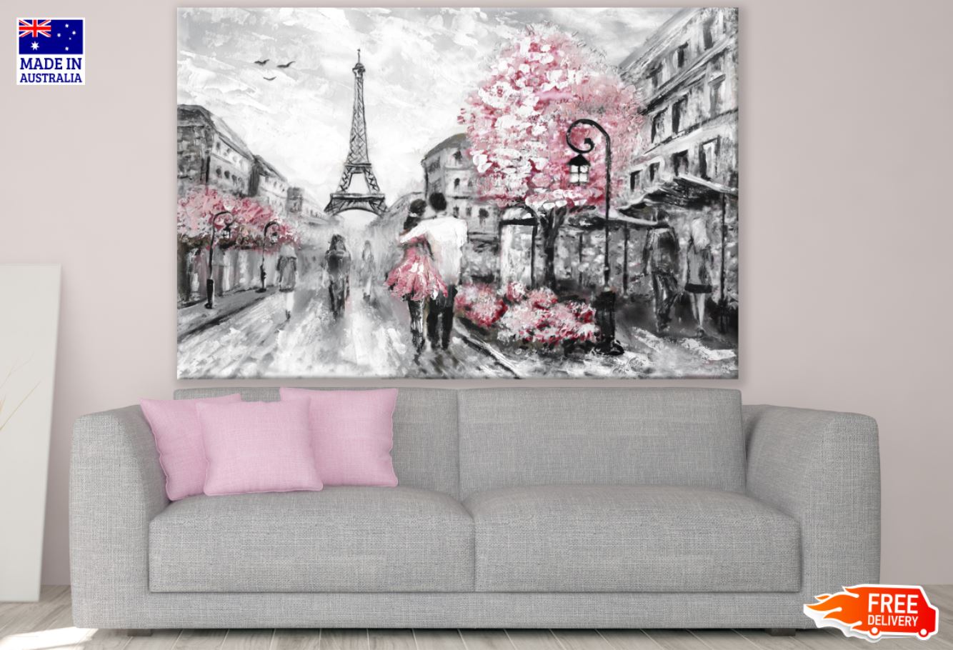 People Walking in Paris Street Eiffel Tower Oil Painting Print 100% Australian Made