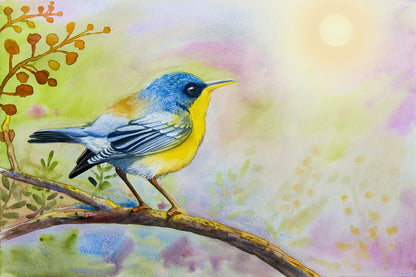 Blue Fly Catcher Bird & Tree Painting Print 100% Australian Made