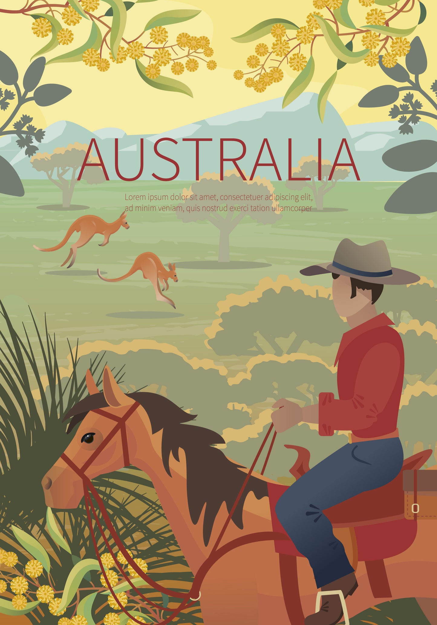 Horse & Rider Looking at Kangaroos Vector Cartoon Art Print 100% Australian Made