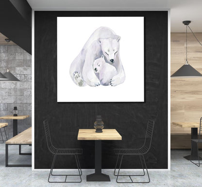 Square Canvas Polar Bear & Baby B&W Drawing High Quality Print 100% Australian Made