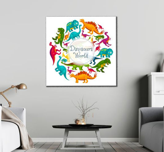 Square Canvas Colorful Dinosaurs Vector Art High Quality Print 100% Australian Made