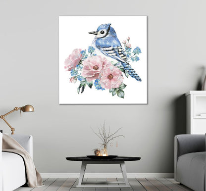 Square Canvas Blue Bird on Flowers Painting High Quality Print 100% Australian Made