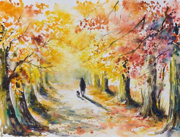 Man Walking with A Dog in Autumn Tree Park Painting Print 100% Australian Made