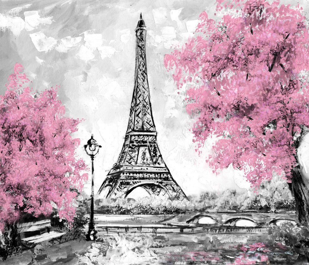 B&W Eiffel Tower & Pink Flower Trees Painting Print 100% Australian Made