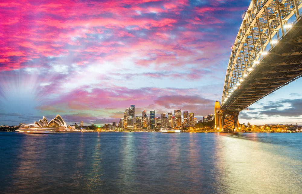 Opera House & Bridge Under Pink Sky with City View Photograph Print 100% Australian Made