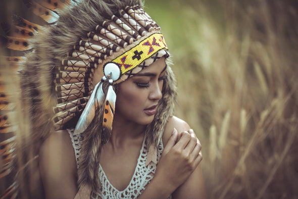 Native Red Indian Girl Wearing Feather Headdress Photograph Print 100% Australian Made