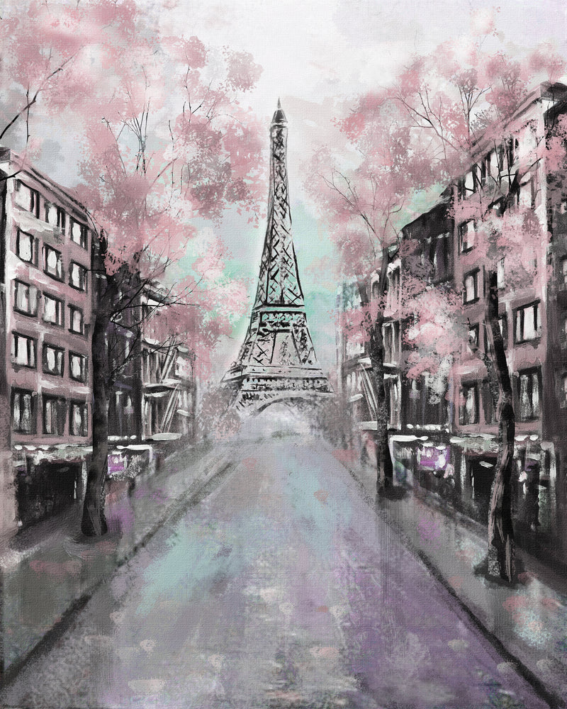 Eiffel Tower Street Pink Floral Painting Print 100% Australian Made