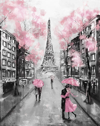 Eiffel Tower Street Couples Walking Floral Painting Print 100% Australian Made