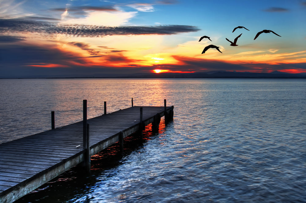 Wooden Pier Over Lake & Sunset Scenery Photograph Print 100% Australian Made