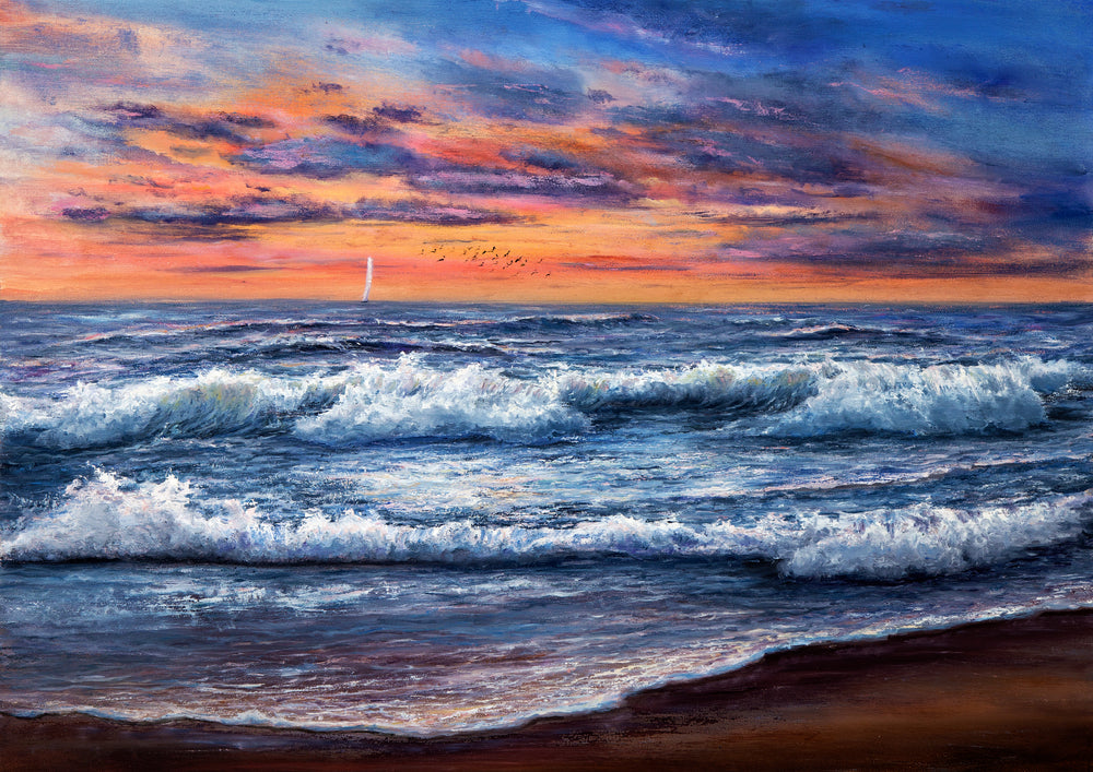 Oil Painting of Ocean and Beach Sunset Painting Print 100% Australian Made