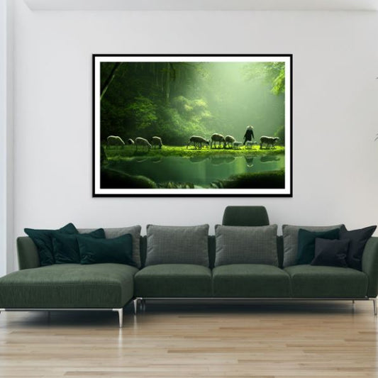 Sheeps & Shepherd in Forest Photograph Home Decor Premium Quality Poster Print Choose Your Sizes