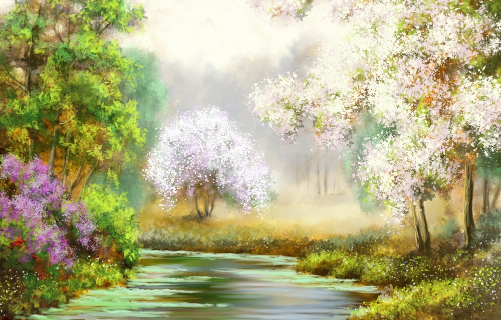 Water Stream Between Flower Trees Painting Print 100% Australian Made