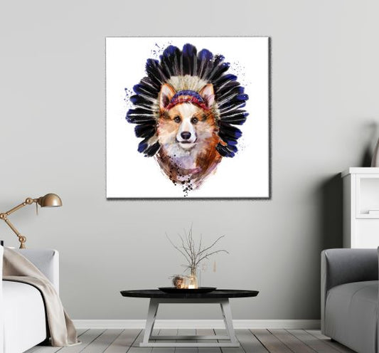 Square Canvas Dog Portrait with Feather Watercolor Painting High Quality Print 100% Australian Made