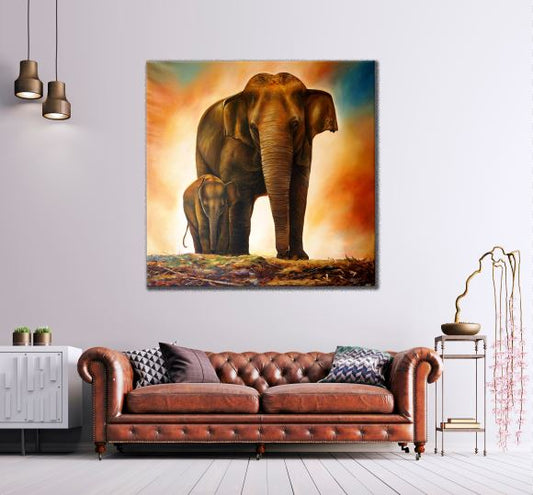 Square Canvas Elephants & Baby Watercolor Painting High Quality Print 100% Australian Made