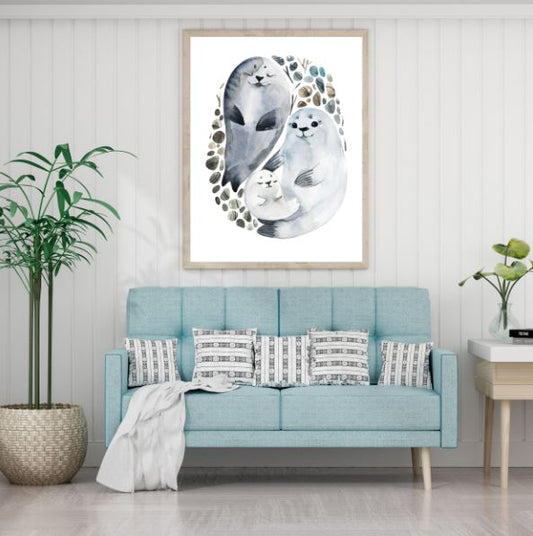 Sea Lion Family Watercolor PaintingHome Decor Premium Quality Poster Print Choose Your Sizes